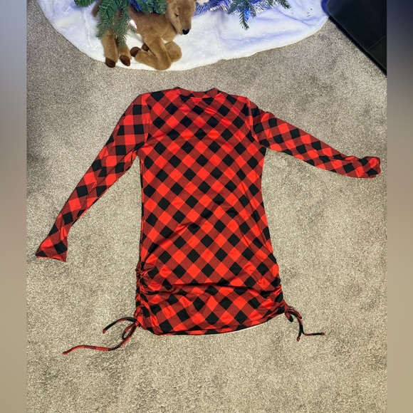 Red Buffalo Plaid Long Sleeve Holiday Dress Ruched Tie Sides Size Large - Picture 3 of 6
